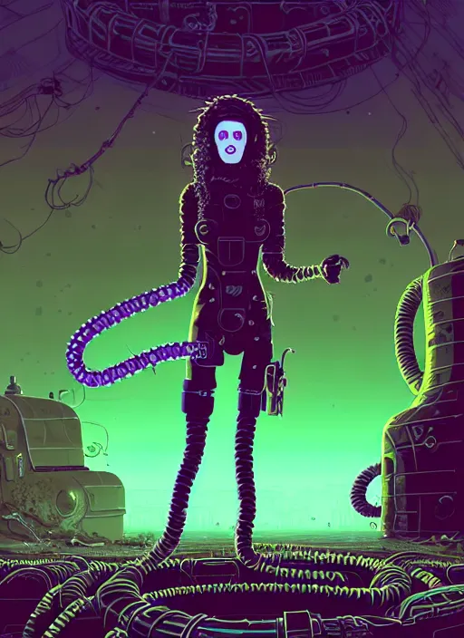 Image similar to highly detailed portrait of a lonely wasteland punk long dripping curly brown nuclear hair tribal lady, stray green slime hoses by atey ghailan, james gilleard, by joe fenton, by greg rutkowski, by greg tocchini, by kaethe butcher, 4 k resolution, gradient purple, brown black and white color scheme!!! ( ( green flaming robotic sewer background ) )