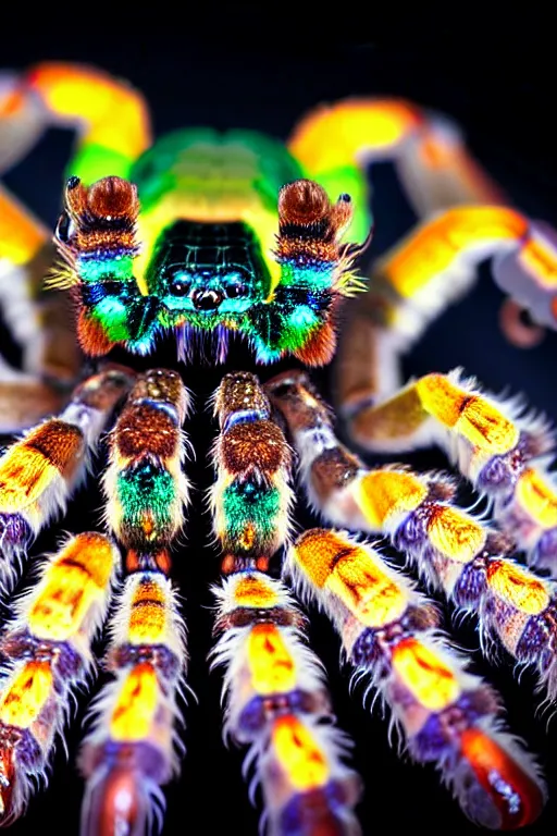 Image similar to high quality macro photo iridescent tarantula! jewelled supercute! highly detailed david ligare elson peter cinematic blue lighting high quality low angle hd 8k sharp shallow depth of field