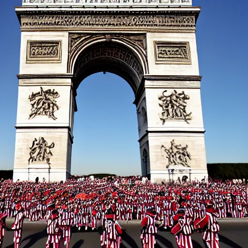 Prompt: a large group of people wearing clown hats marching in formation through the arc de thriump.