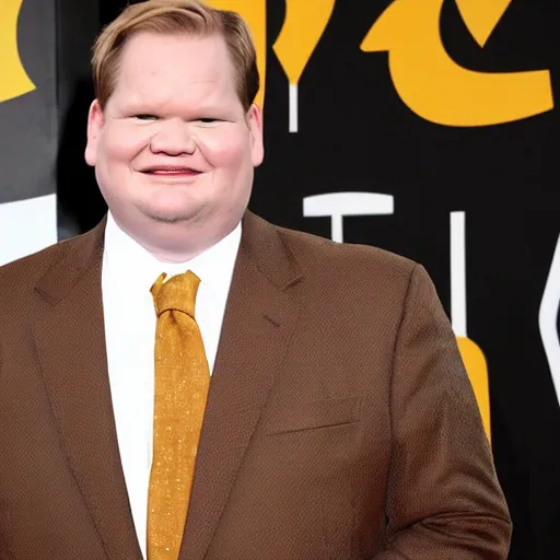 Image similar to Andy Richter is wearing a chocolate brown suit and yellow shirt and necktie. Andy is standing in front of a mirror.