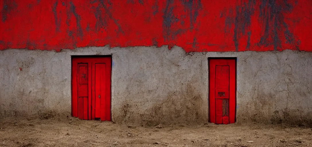 Prompt: red door standing in wasteland in style of zdzisław beksinski