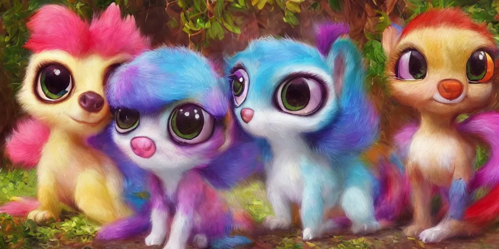 Prompt: 3d Littlest Pet Shop colorful animal, forest, realistic fur, glitter, master painter and art style of Noel Coypel, art of Émile Eisman-Semenowsky, art of Édouard Bisson