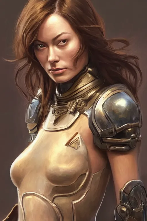 Image similar to a professional painting of a young Olivia Wilde, clothes in military armor, olive skin, long dark hair, beautiful bone structure, symmetrical facial features, intricate, elegant, digital painting, concept art, smooth, sharp focus, illustration, from StarCraft by Ruan Jia and Mandy Jurgens and Artgerm and William-Adolphe Bouguerea