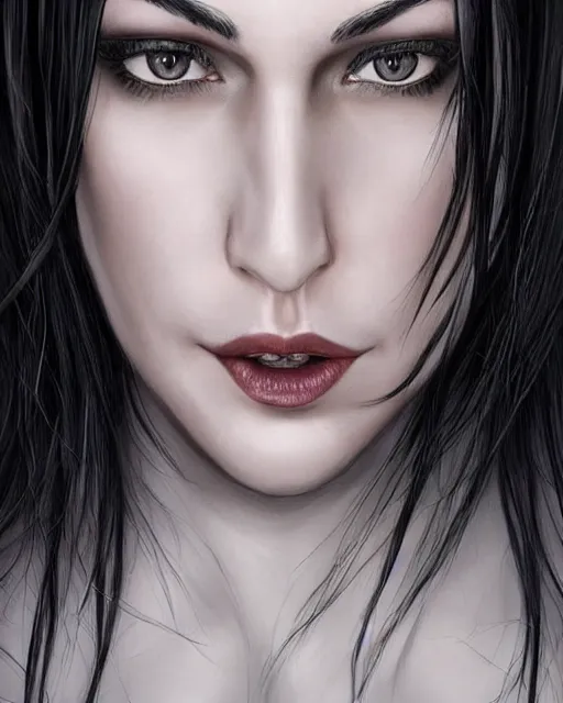 Prompt: portrait of a tall 4 0 - year - old woman, very!!! thin!!! lips, long, lush unkempt black hair, and thick eyebrows, wearing in black clothes, hyper realistic face, beautiful eyes, character art, art by mark brooks, hyperdetailed, cryengine, trending on artstation, digital art