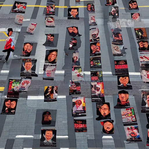 Image similar to beijing photograph cutouts of chinese protesters laying flat litter the streets of beijing, hyperreal - h 6 4 0