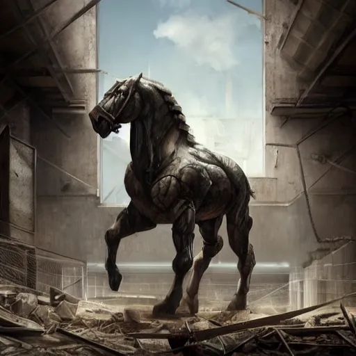 Prompt: a titanically muscular anthropomorphized horse with an absurdly massive physique wearing a tactical bodysuit standing in the ruins of a facility, equine, highly detailed, digital painting, artstation, sharp focus, game art, concept art, illustration, art by artgerm, greg rutkowski, wlop