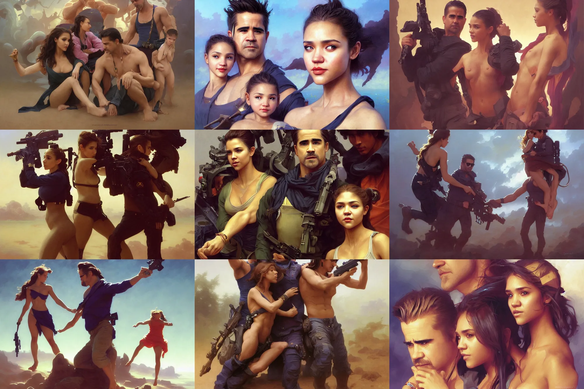 Prompt: Vibrant depiction of Colin Farrell and Jessica Alba And Zendaya as navy SEAL illustration by Ruan Jia and Mandy Jurgens and William-Adolphe Bouguereau, Artgerm, 4k, digital art, surreal, space dandy style, highly detailed, godsend, artstation, digital painting, concept art, smooth, sharp focus, illustration by Ruan Jia and Mandy Jurgens and William-Adolphe Bouguereau