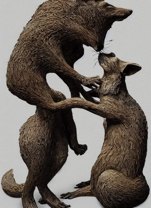 Image similar to sculpture of rat kissing the fox made of wood, portrait, female, future, wood, tree, harper's bazaar, vogue, magazine, insanely detailed and intricate, concept art, close up, ornate, luxury, elite, elegant, trending on artstation, by ruan jia, by Kenneth Willardt, by ross tran, by WLOP, by Andrei Riabovitchev,