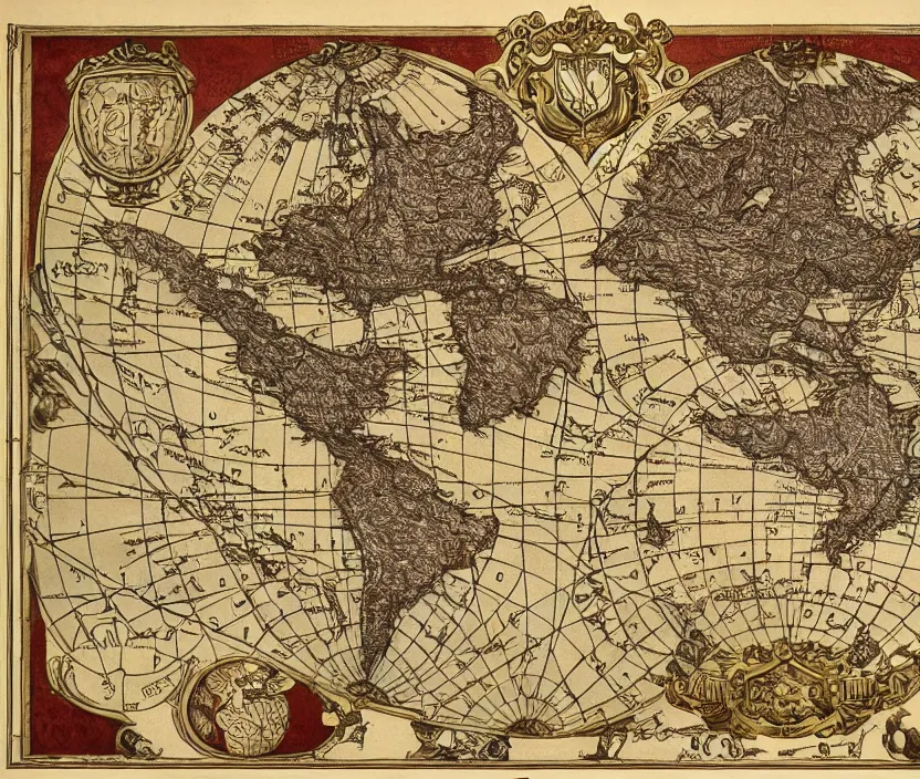 Image similar to highly detailed labeled atlas political map poster of a golden planet, heraldic, detailed, paper drawing, golden, silver and crimson ink, kingdoms and nature, intricate details, warhammer
