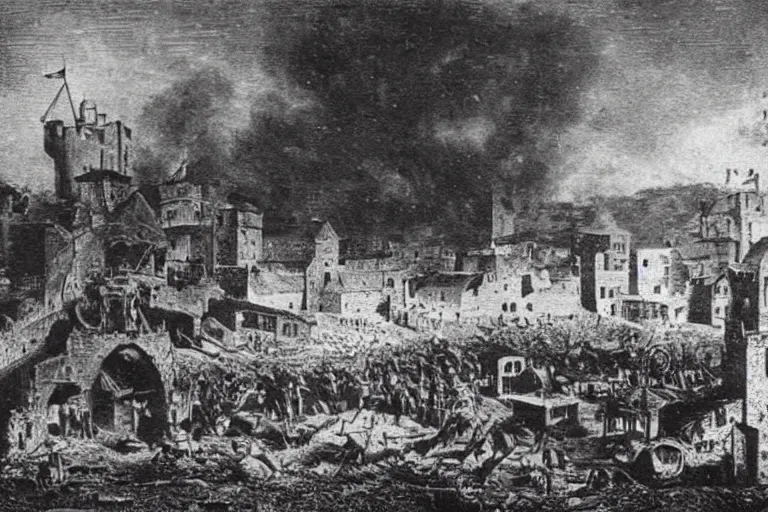 Prompt: an very old photo of a town getting destroyed in medieval times