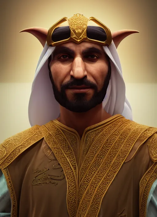 Prompt: portrait of sheikh mohammad ruler of dubai, drak fantasy goblin, trending in artstation, cinematic lighting, studio quality, smooth render, unreal engine 5 rendered, octane rendered, art style by klimt and nixeu and ian sprigger and wlop and krenz cushart.