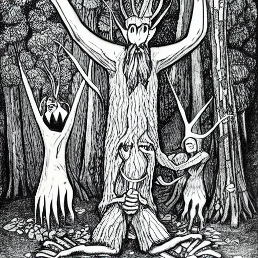 Prompt: a tall tree with arms, legs, and a beard holding two hobbits in his hand while in a forest surrounded by tall trees, illustrated by J.R.R Tolkien