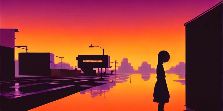 Prompt: an immaculate isometric cinematic keyframe matte painting of the silhouette of a young japanese girl standing in wide wet street 1 9 7 0 s vaporwave rust belt city at dusk with an oversized moon, just after the rain has cleared. by eric lafforgue, glennray tutor and edward hopper, greg rutkowski. trending on artstation.