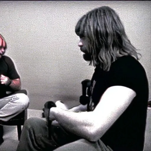 Image similar to Joe rogan interviewing with Kurt Cobain, low quality, vhs quality, late 2000’s