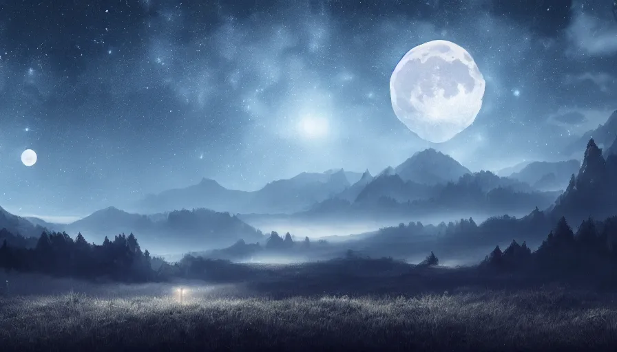 Image similar to a beautiful landscape at night, big moon and stars in the sky, matte painting, dark blue tones, concept art, 4k