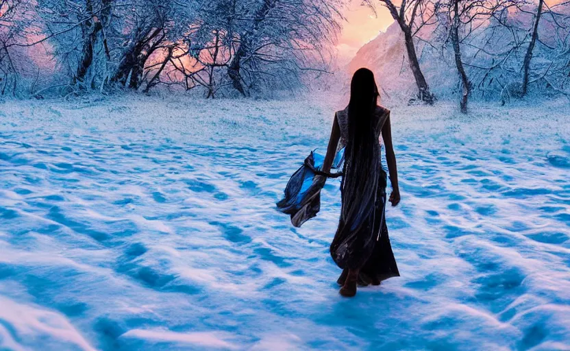 Image similar to Himalayan woman walking barefoot in the snow, beautiful flowing fabric, sunset, dramatic angle, cold, lost, hopeless, dynamic pose, 8k hdr pixiv dslr photo by Makoto Shinkai ilya kuvshinov and Wojtek Fus