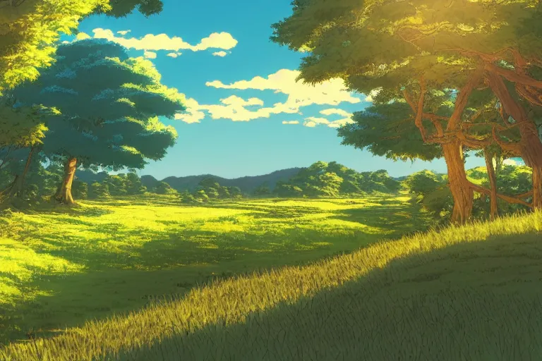 Prompt: anime screenshot wide-shot landscape with river and meadow hill, forest on the horizont, beautiful ambiance, golden hour, studio ghibli style, by hayao miyazaki, tom moor, sharp focus, highly detailed,