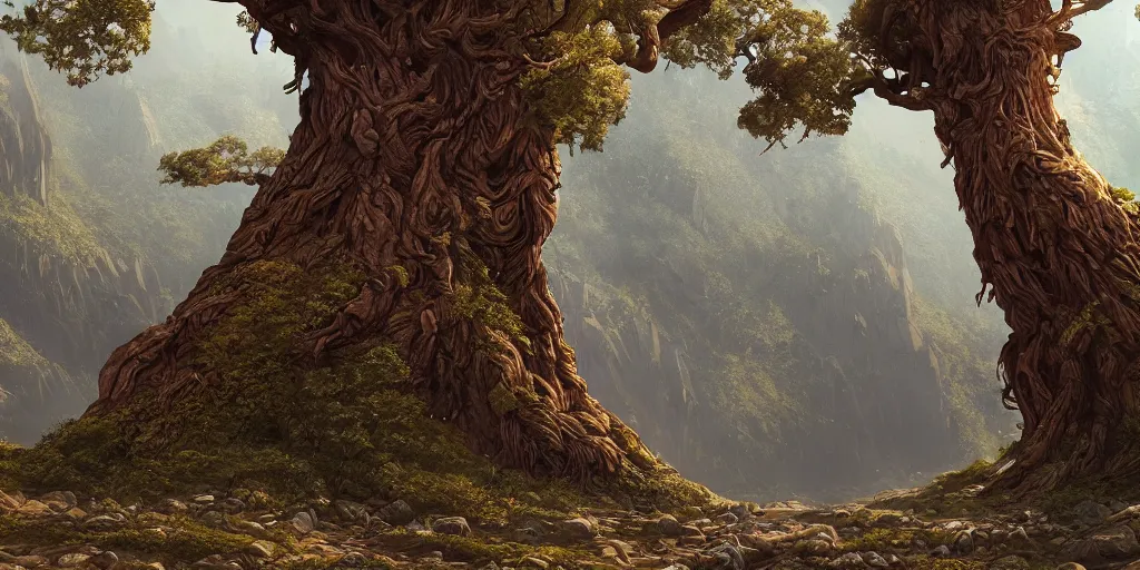 Image similar to a giant tree in the center of a in immense valley, intricate, highly detailed, digital painting, artstation, concept art, smooth, sharp focus, illustration, cinematic, vfx