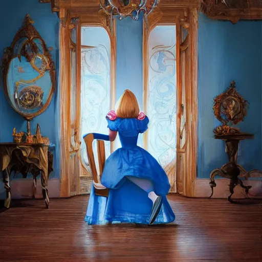 Image similar to alice in the wonderland, chairs, sitting, wood floor, blue dress, blonde by cheval michael