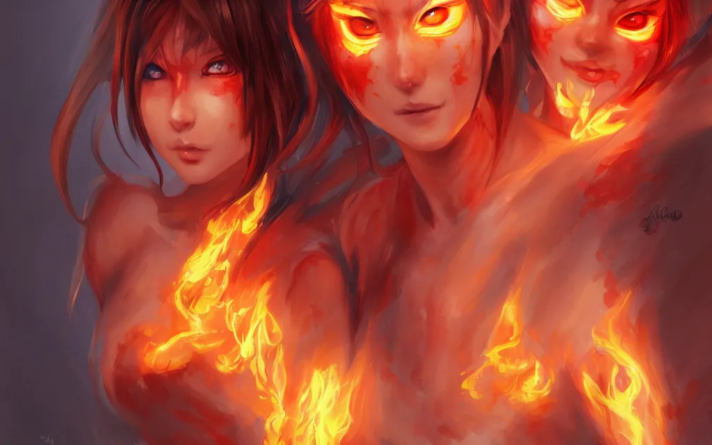 Image similar to A realistic anime portrait of a beautiful fire spirit twins with glowing red eyes and firey skin wearing clothes made of flames, digital painting, by Stanley Artgerm Lau, Sakimichan, WLOP and Rossdraws, digtial painting, trending on ArtStation, SFW version