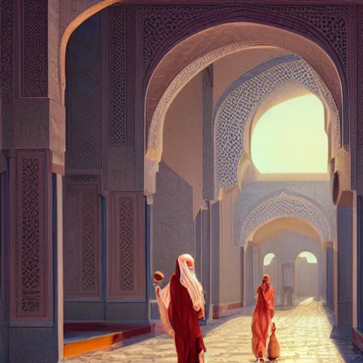 Image similar to cat travels through marrakech streets, morocco, palm trees, mosque, vaporwave, highly detailed, digital painting, artstation, concept art, smooth, sharp focus, illustration, art by artgerm and greg rutkowski and alphonse mucha