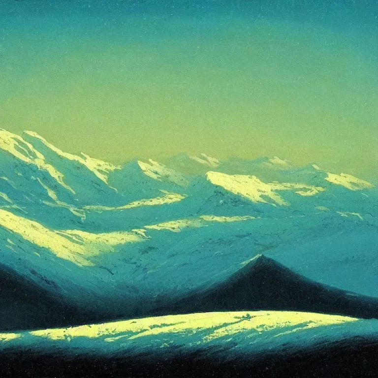 Prompt: caucaus mountains, winter, night, luminous, teal palette, arkhip kuindzhi, glaze oil painting, christian mysticism