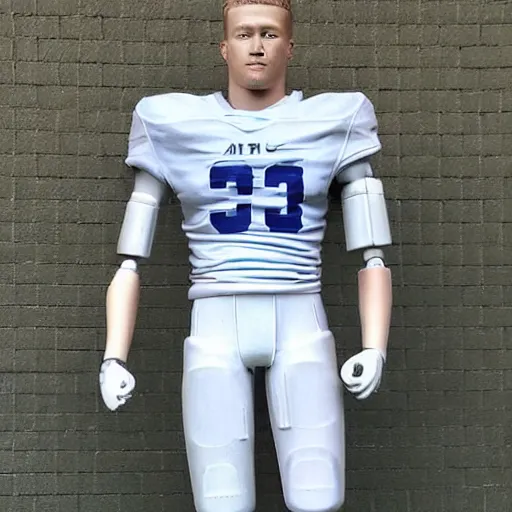 Image similar to “ a realistic detailed photo of a guy who is an attractive humanoid who is half robot and half humanoid, who is a male android, football player christian mccaffrey, shiny skin, posing like a statue, blank stare, on the field, on display ”