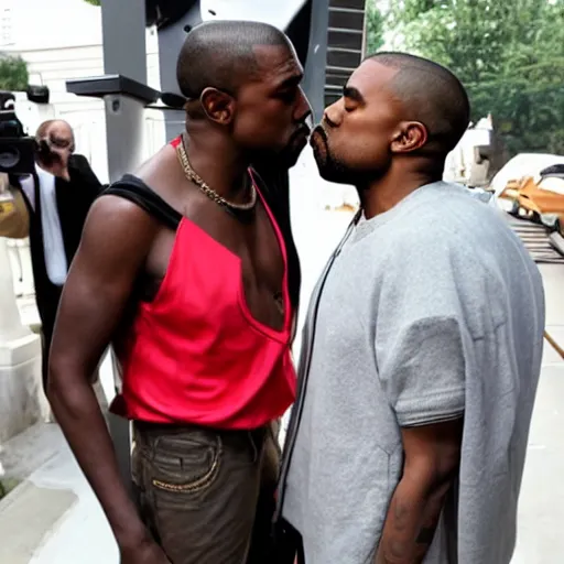Prompt: a photograph of Kanye West kissing Kanye West, paparazzi photo