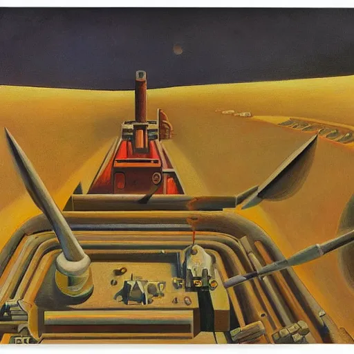 Image similar to hardened drill ship boring to the center of the earth, magma, core, heat, comedic, dystopian, grant wood, pj crook, edward hopper, oil on canvas