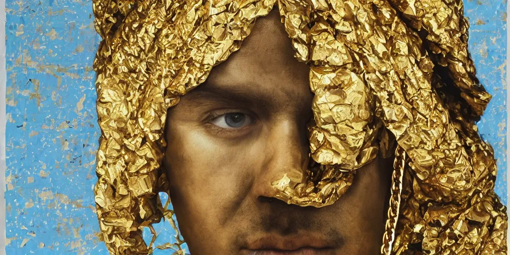 Prompt: a big gold chain and balaclava, collage paper and tape, acrylic on canvas, hyperrealism mixed with expressionism, high resolution, cinematic, unreal 6 breathtaking detailed, by blake neubert and matt sesow