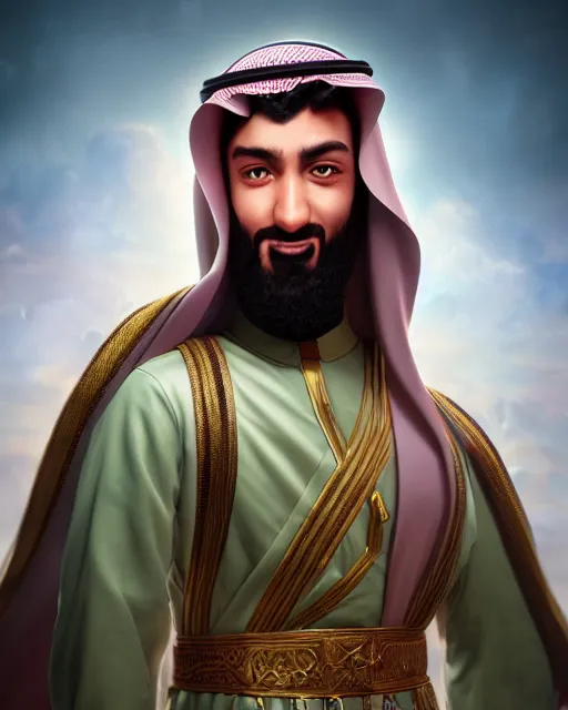 Prompt: an epic fantasy comic book style full body portrait painting of saudi Mohammed abdo, elegant, character design by Mark Ryden and Pixar and Hayao Miyazaki, unreal 5, DAZ, hyperrealistic, octane render, cosplay, RPG portrait, dynamic lighting, intricate detail, summer vibrancy, cinematic
