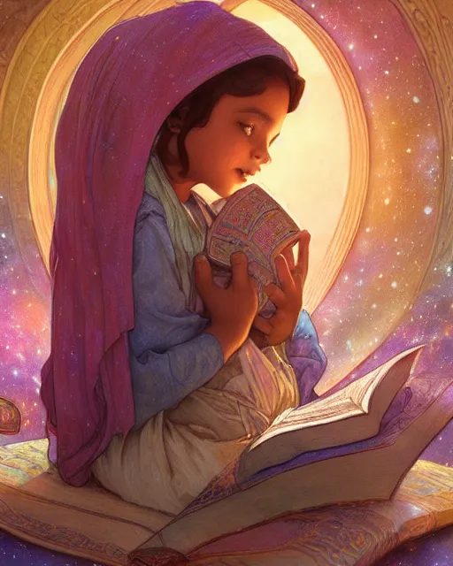 Image similar to bedouin child reading the quran inside of the mosque in the galaxy surrounded by nebula, highly detailed, gold filigree, romantic storybook fantasy, soft cinematic lighting, award, disney concept art watercolor illustration by mandy jurgens and alphonse mucha and alena aenami, pastel color palette, featured on artstation