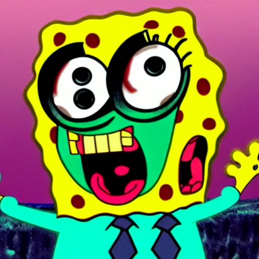 Image similar to spongebob squarepants, evil, sharp teeth, bad teeth, angry, horror, dramatic