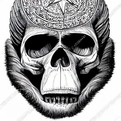 Image similar to a humanoid chimp skull hovering over a star pattern, 2 handguns are crossing in the middle of the picture ultra detailed, fine line pen drawing on parchment, symmetrical, stylish