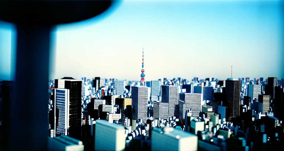 Image similar to photograph of the tokyo skyline, shot on cinestill 5 0 d with a 3 5 mm lens aperture f / 8, dynamic composition, high camera angle, wide angle, full frame, full res, pinpoint sharp focus, hyper realistic