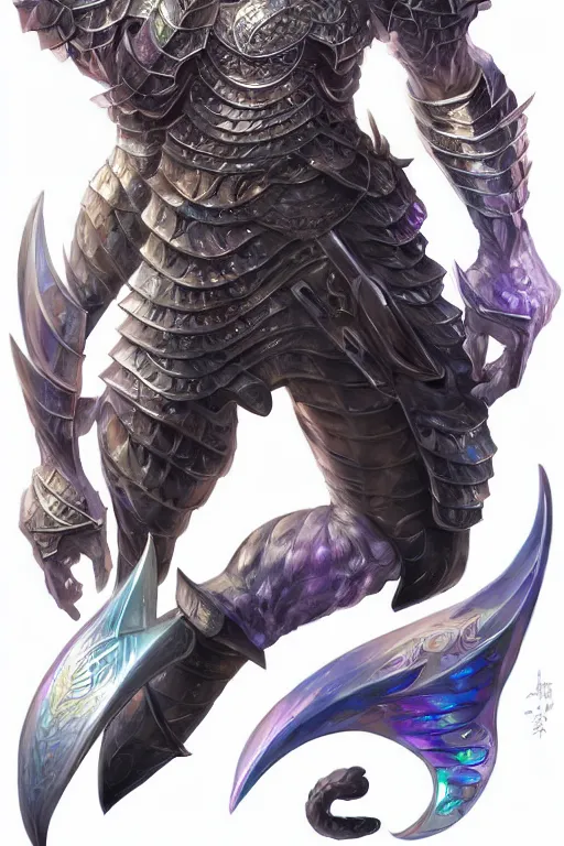 Image similar to Full body character concept art of an anime draconian warrior knight, iridescent scales, cool face, muscular, by Stanley Artgerm Lau, WLOP, Rossdraws, James Jean, Andrei Riabovitchev, Marc Simonetti, and Sakimichan, tranding on artstation