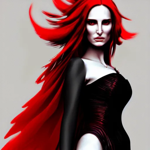 Image similar to beautiful female mage with red hair, natalie portman, black clothing, dark feathered wings, intricate, highly detailed face, trending on artstation, dramatic lighting, 4 k