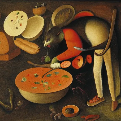 Prompt: the cat cooks soup, stirring a pot with a ladle and cutting vegetables, oil painting, drawn by Bosch