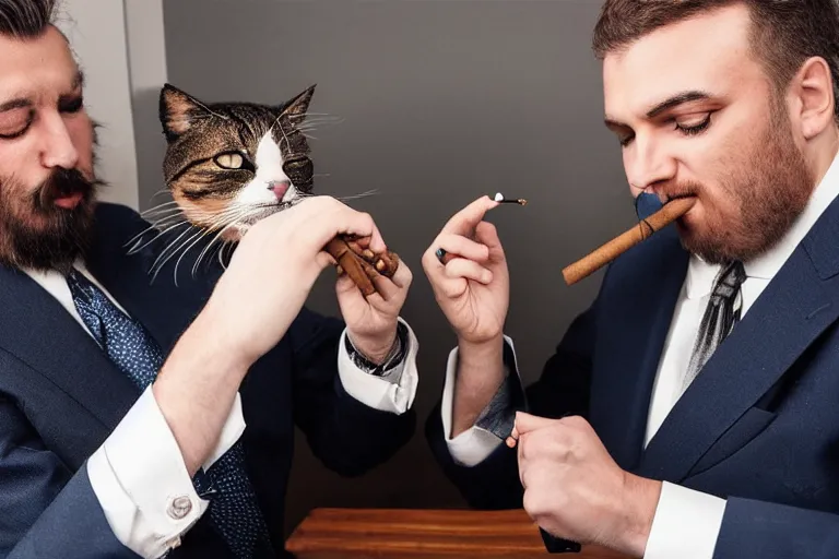 Image similar to cats in suits smoking cigars together