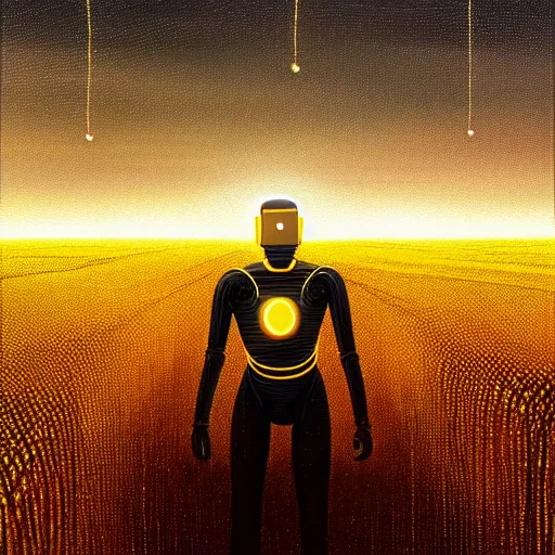 Image similar to digital painting of a glowing god with gold wires levitating in a wheat field, smooth and advanced robotic suit, lightning in sky, at night, stunning, cinematic lighting, concept art by greg rutkowski and simon stalenhag, artstation, cinematic, masterpice, insanely detailed, very realistic