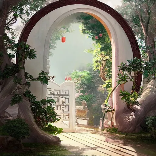 Image similar to circular gate in a white wall, leading to a garden. chinese architecture. fantasy. detailed. smooth. sharp focus. trending on arstation. cgsociety masterpiece, by rossdraws, ghibli, kimi no na wa, greg rutkowski, simon stalberg, greg manchess