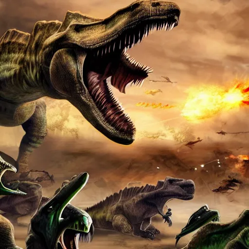 Image similar to dinoasaurs vs Elites from halo, large battle, fantasy