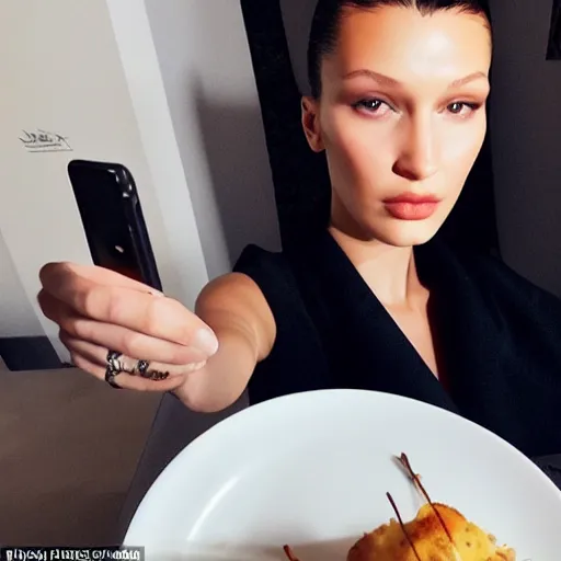 Image similar to bella hadid taking a selfie with her favorite food, very detailed, photorealistic, dynamic light, iphone 1 3