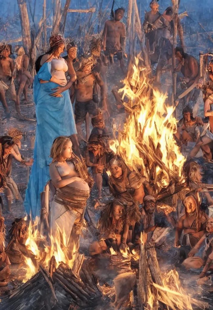 Image similar to realistic bonfire tribe gather with a pregnant woman as her leader, intense blue eyes, realistic, antartica