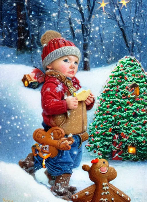 Image similar to close-up portrait of little boy wearing a little backpack finding a gingerbread house in the snow, winter scene fantasy, fireflies, torch light, scary creatures in background, intricate, elegant, highly detailed, centered, smooth, sharp focus, Donato Giancola, Joseph Christian Leyendecker, WLOP, Boris Vallejo, Artgerm