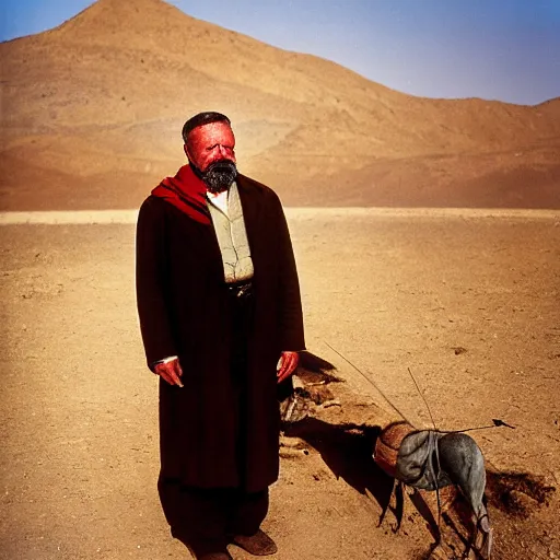 Prompt: portrait of president teddy roosevelt as afghan man, green eyes and red scarf looking intently, photograph by steve mccurry