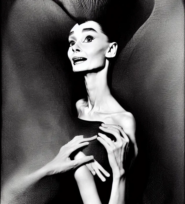 Image similar to dynamic facial portrait photography of seductive actress audrey hepburn wearing an extraordinary dress by designer iris van herpen. accent lighting, dark background, highly detailed, photography by paolo roversi, nick knight, helmut newton, avedon, araki