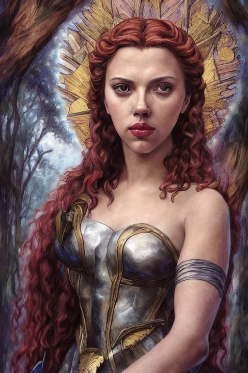 Image similar to A fantasy comic book style portrait painting of a hybrid Scarlett Johansson, Anya Taylor-Joy, as a Mystical Valkyrie, a beautiful female Reptilian Warrior, Regal, Realistic, Refined, Detailed Digital Art, Josephine wall, Oil Painting, William-Adolphe Bouguereau, Art Frahm, Esao Andrews, Steampunk, Walt Disney (1937), Highly Detailed, Cinematic Lighting, Unreal Engine, 8k, HD