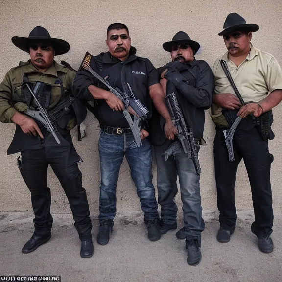 Prompt: the fearsome og shadow, mexican cartel leader, with his heavily armed men, award - winning photography