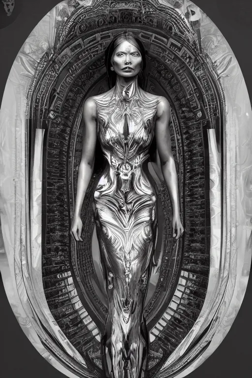 Prompt: a realistic dark photo of a beautiful ancient alien woman goddess kate moss nataraja standing in iris van herpen dress in style of alphonse mucha art nuvo dmt trending on artstation made in unreal engine 4 in 8 k